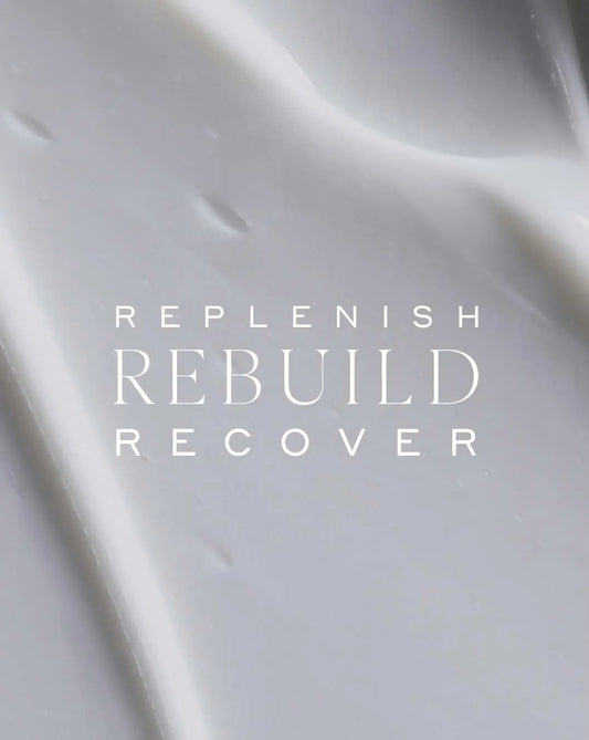 Text 'REPLENISH REBUILD RECOVER' on a smooth, light gray background